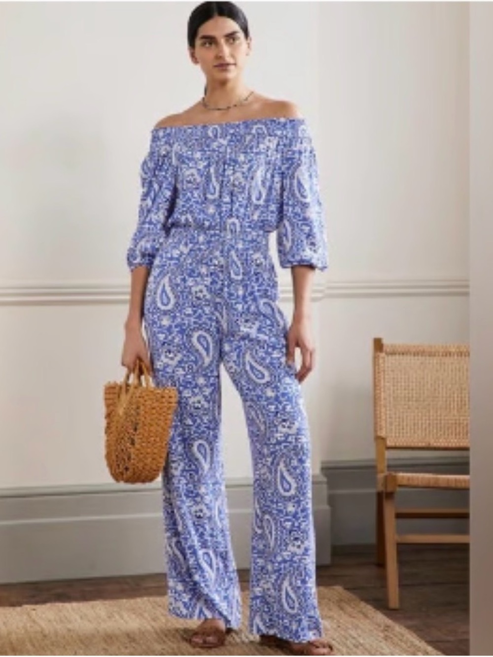 Boden Off-Shoulder Bluebell Paisley Jumpsuit